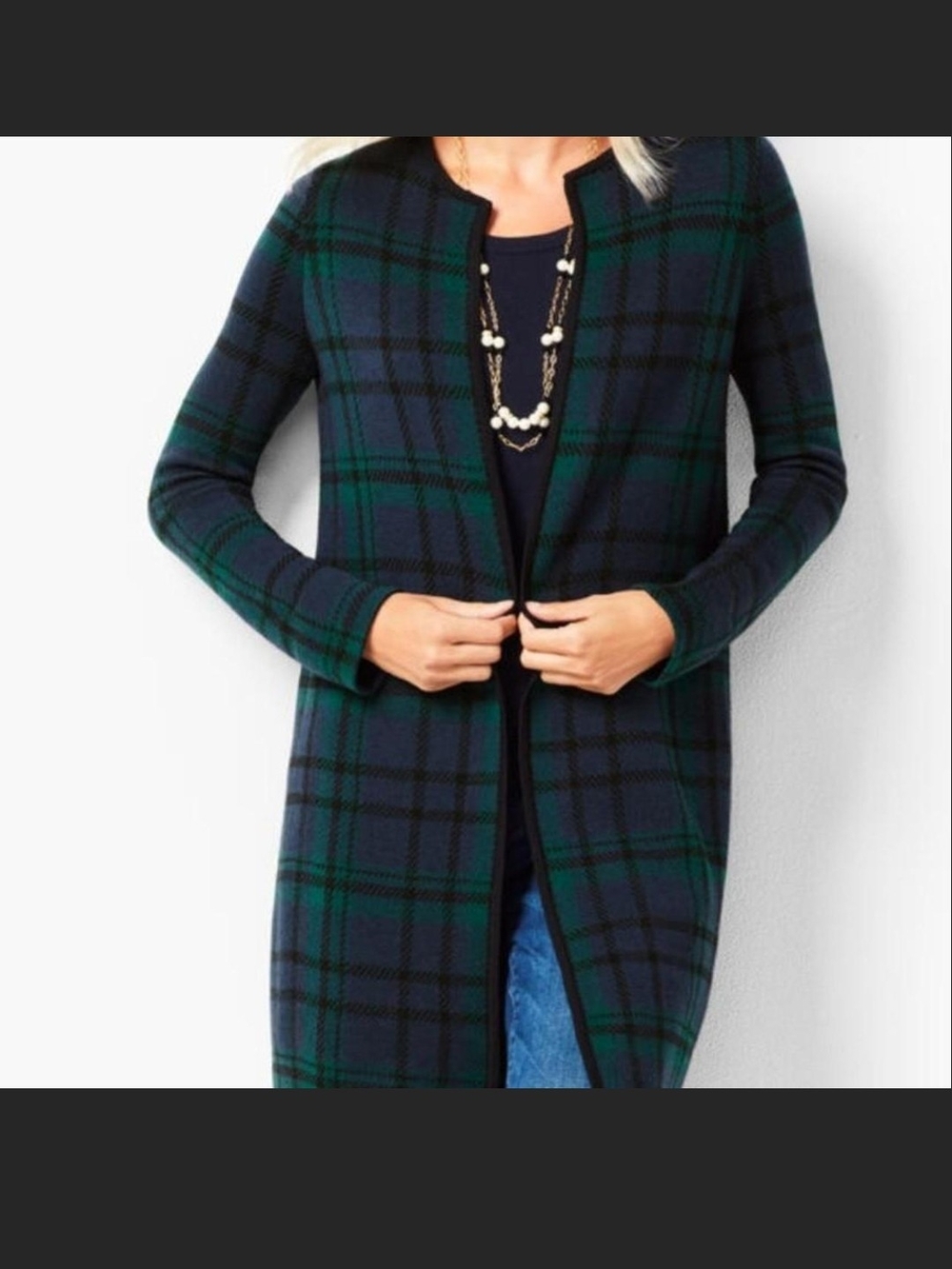 J. Crew Navy and Green Plaid Open-Front Cardigan